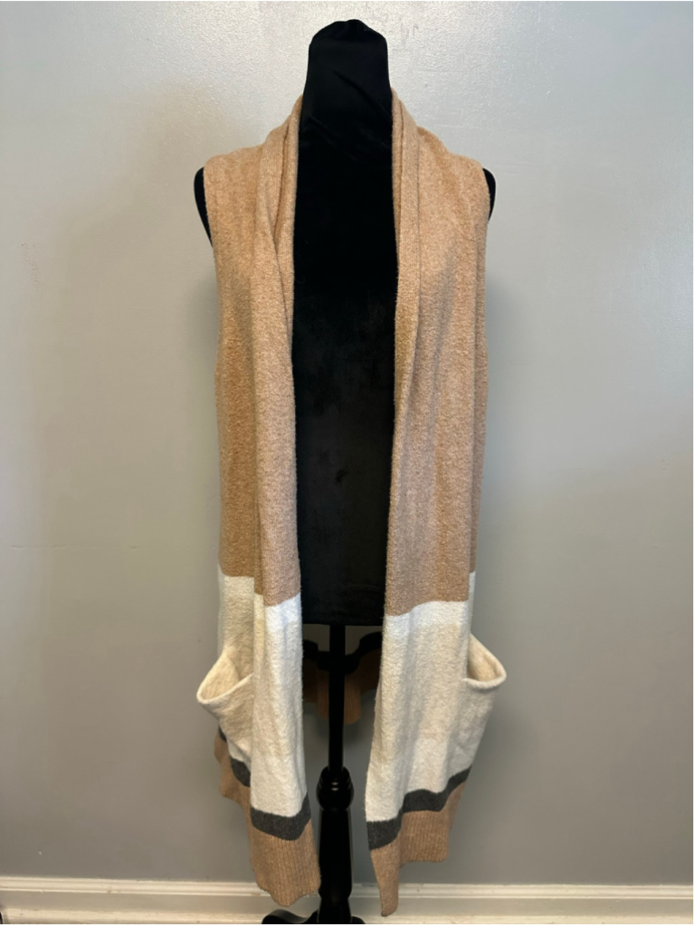LOFT Colorblock Sleeveless Long-Line Cardigan Vest Beige White Size Medium